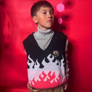 Unique 2-Piece Knit Set – Flame Vest + Beige Turtleneck – Kids & Teens